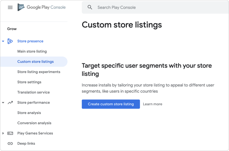 Custom store listings in Google Play Developer Console